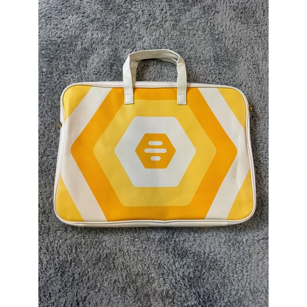 Bumble Laptop Bag Tote Yellow White Chevron Hexagon Logo Faux Leather
